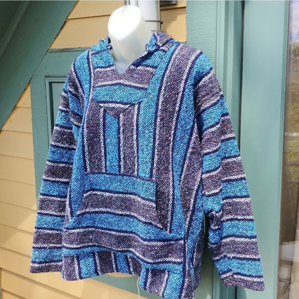 VTG Boho Hippie Blue & Grey Striped Baja Hoodie